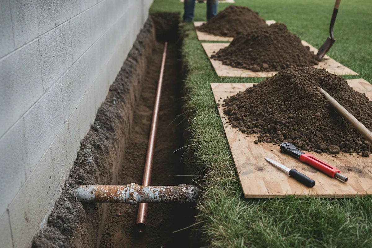 Excavated water line trench during Sewer Line Repair in Greenbrae